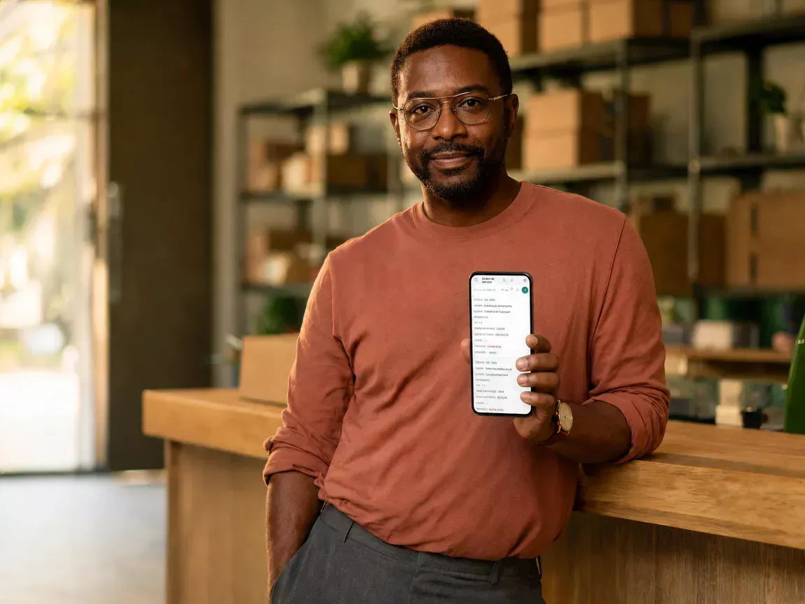 Comprador na area de recebimento com a ordem de compra aberta no celular