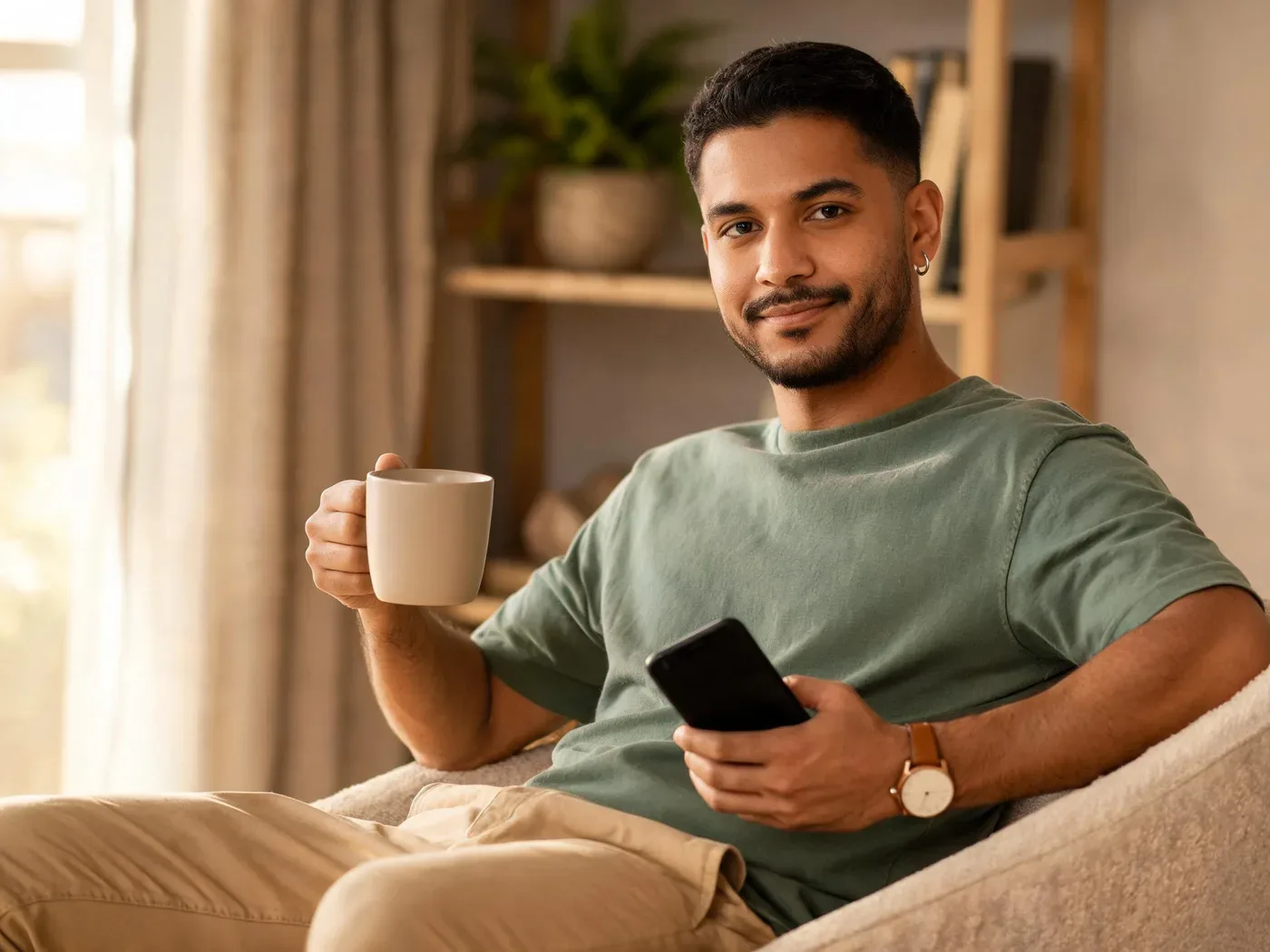 Colaborador em casa no fim do expediente, com o celular no colo