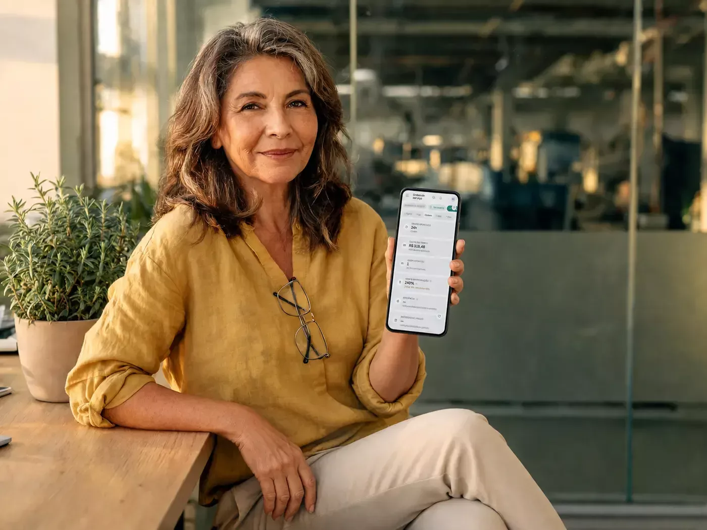Dona da industria com a ordem de servico aberta no celular, no escritorio de fabrica