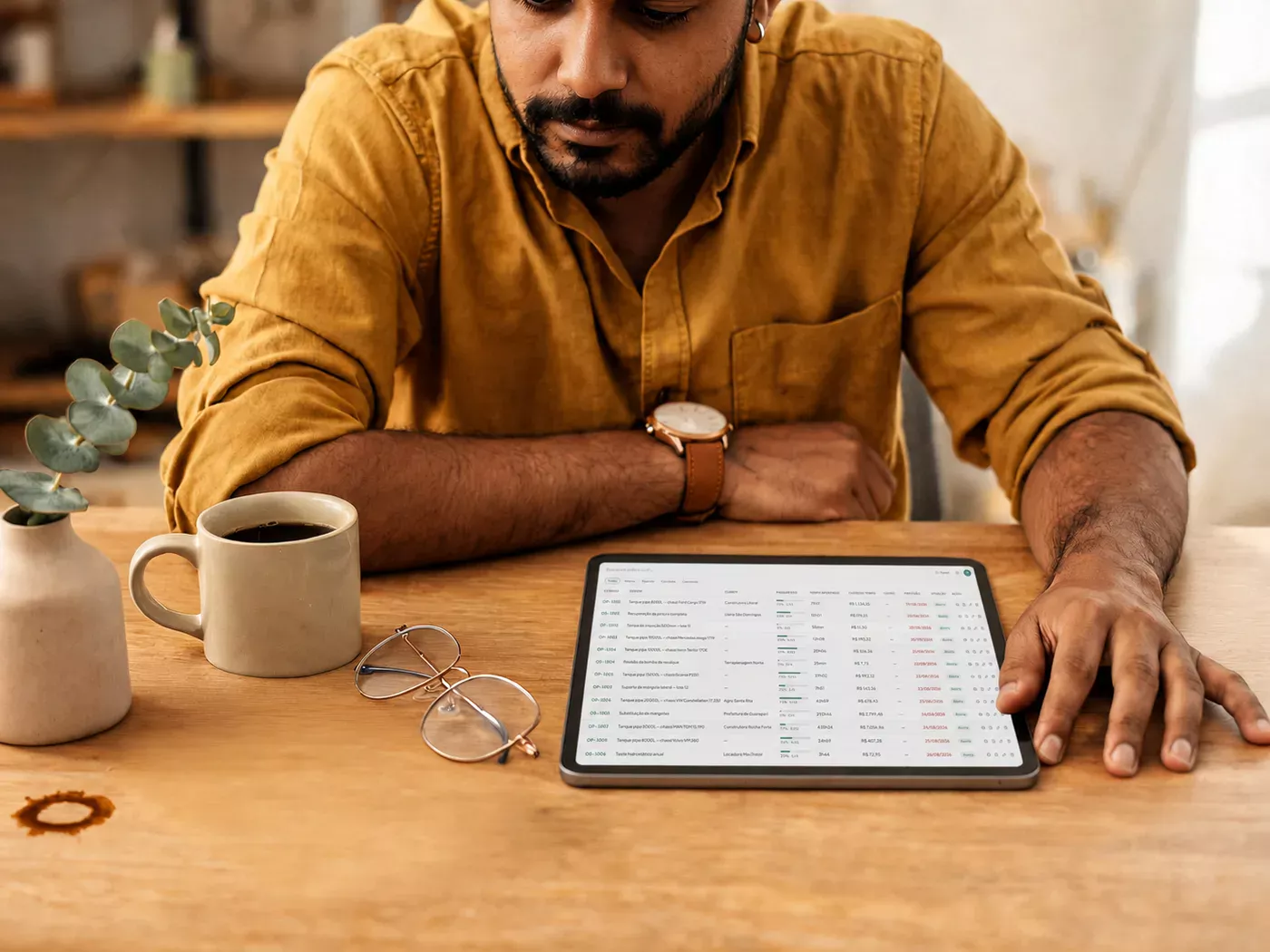 Encarregado confere no tablet a lista de ordens com progresso, tempo apontado e custo