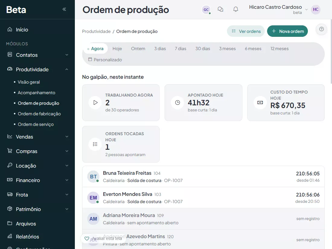 No galpao neste instante: quem esta apontando, em qual atividade e ha quanto tempo