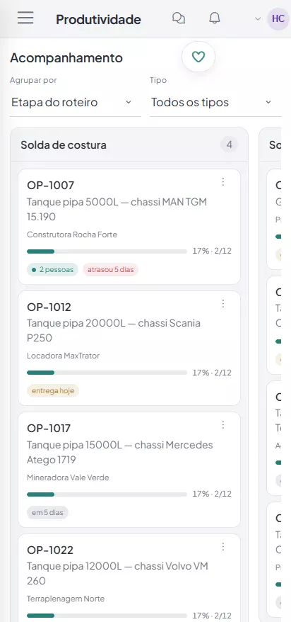 No celular: acompanhamento das ordens por etapa do roteiro