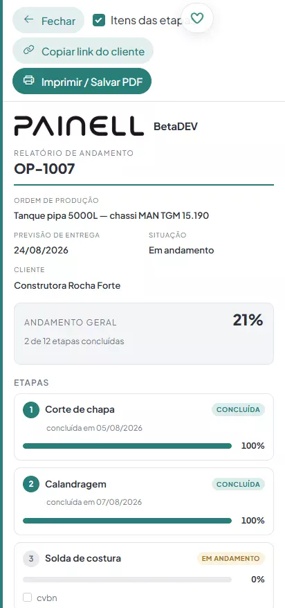 No celular: relatorio de andamento da ordem de producao